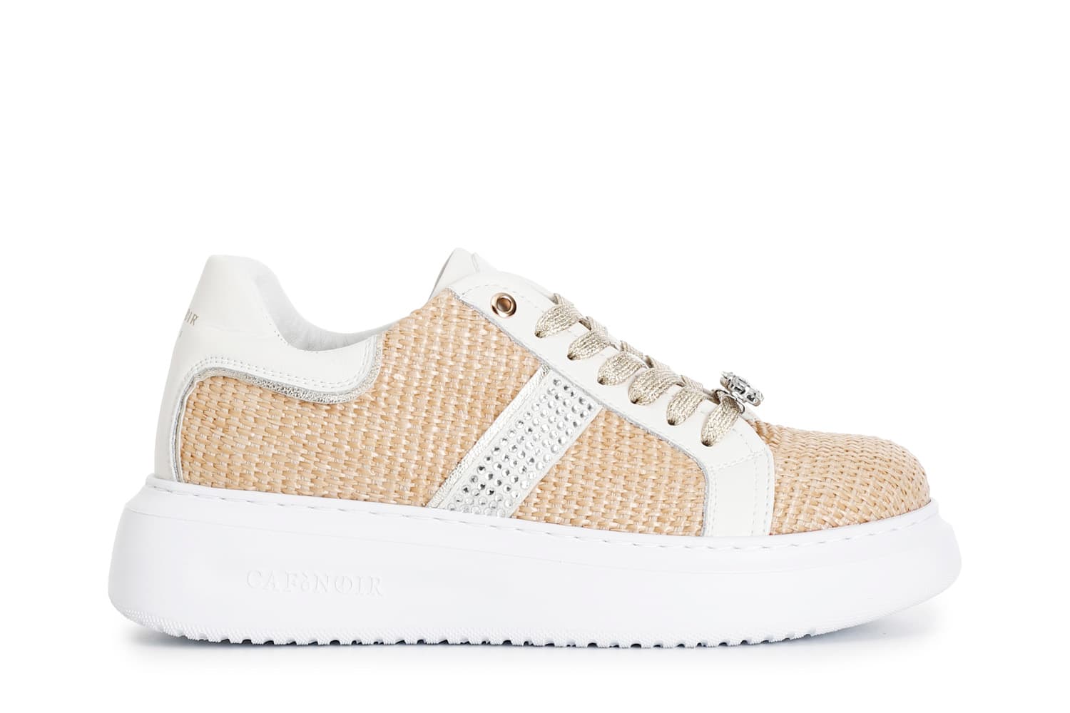 CafèNoir — Sneakers in rafia con strass laterali e accessori gioiello removibili beige