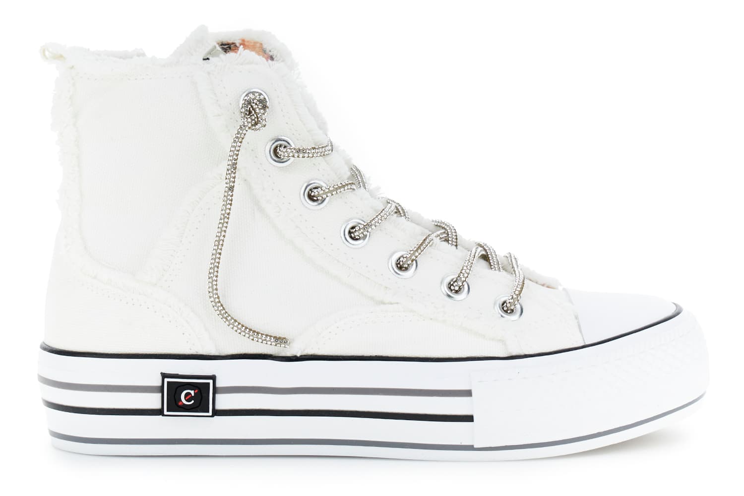 CafèNoir — Sneaker mid in canvass con lacci strass bianco