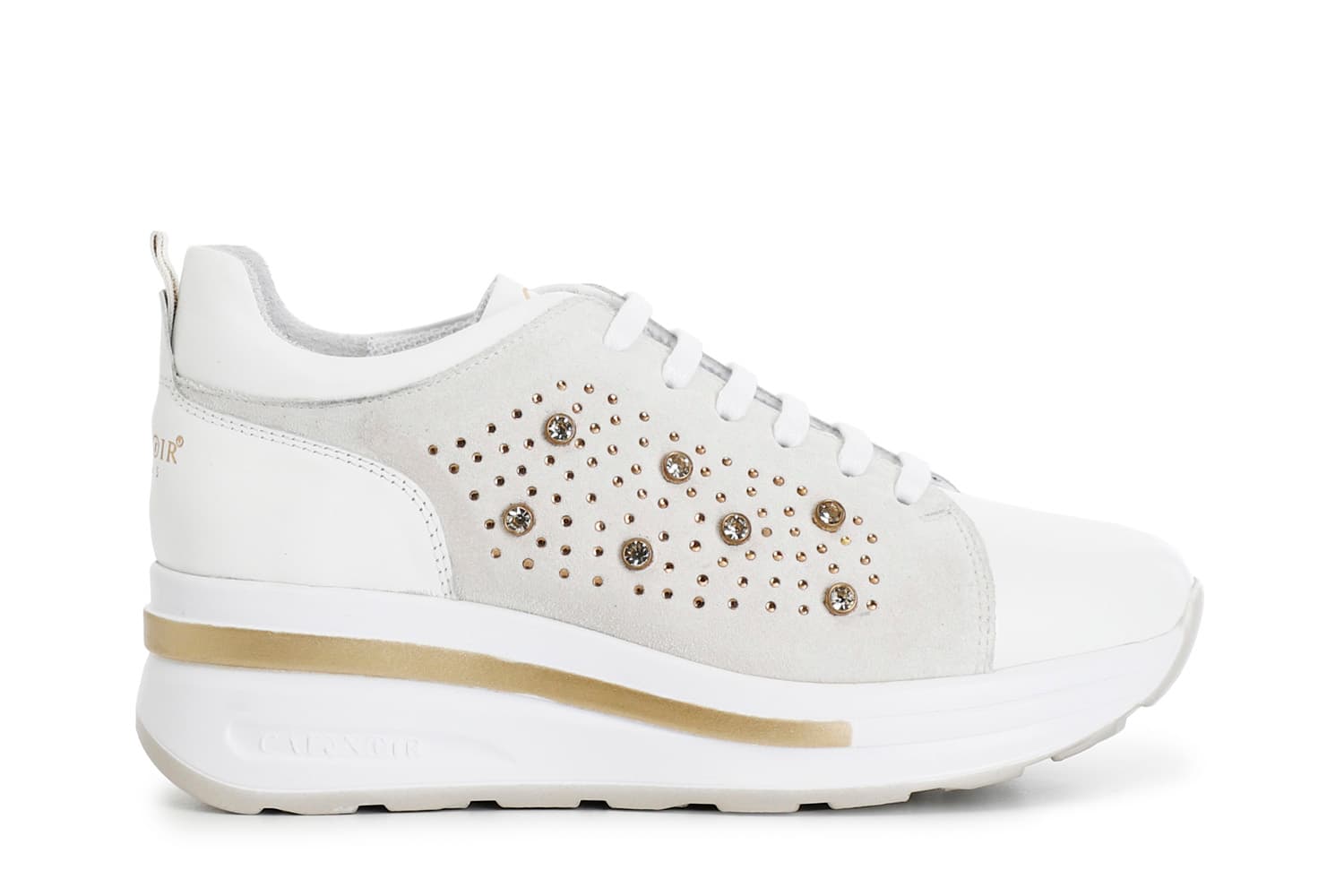 CafèNoir — Sneakers in pelle scamosciata con borchie e strass bianco