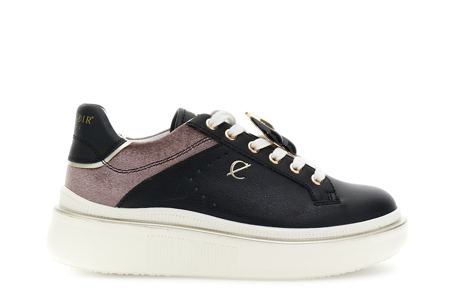 CafèNoir — Sneaker allacciata in pelle rivestita con inserto in velluto nero/taupe