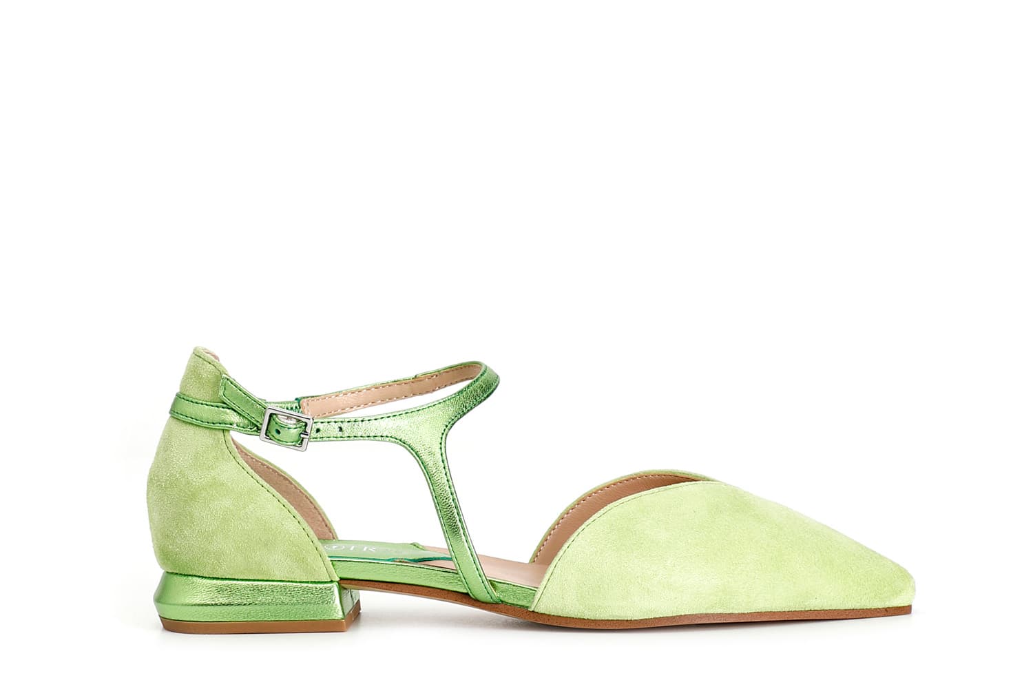 Ballerine in pelle scamosciata con laccio laminato asimmetrico verde — vista 3