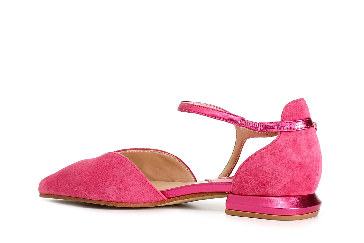 Ballerine in pelle scamosciata con laccio laminato asimmetrico fuxia — vista 2