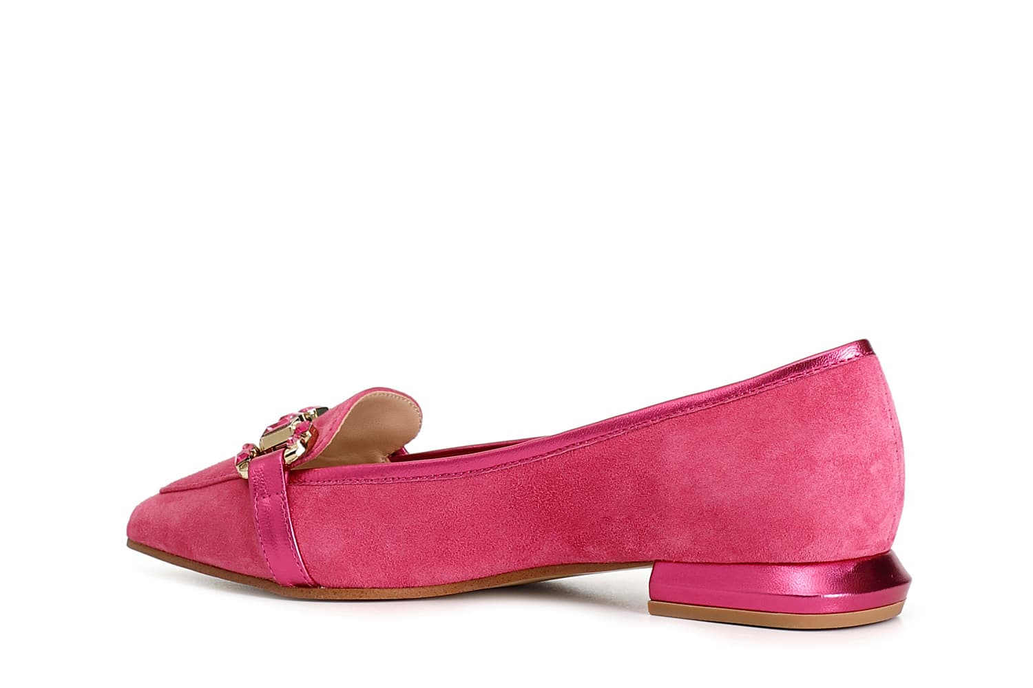 Mocassini donna in pelle scamosciata con morsetto strass fuxia — vista 4