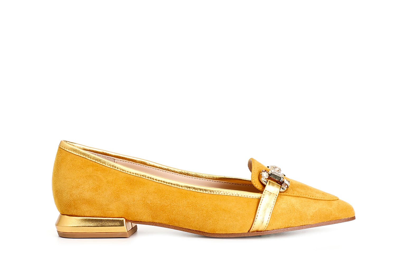 CafèNoir — Mocassini donna in pelle scamosciata con morsetto strass giallo