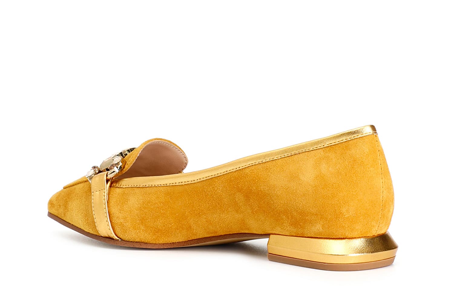 Mocassini donna in pelle scamosciata con morsetto strass giallo — vista 2