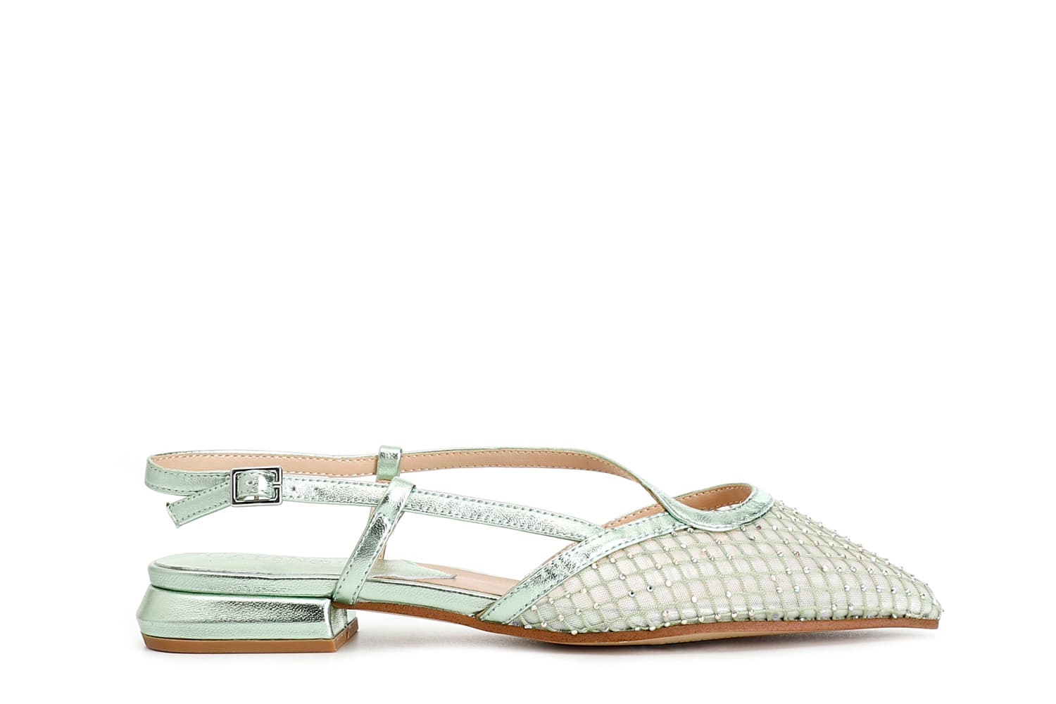 CafèNoir — Ballerine aperte dietro con retina e strass verde