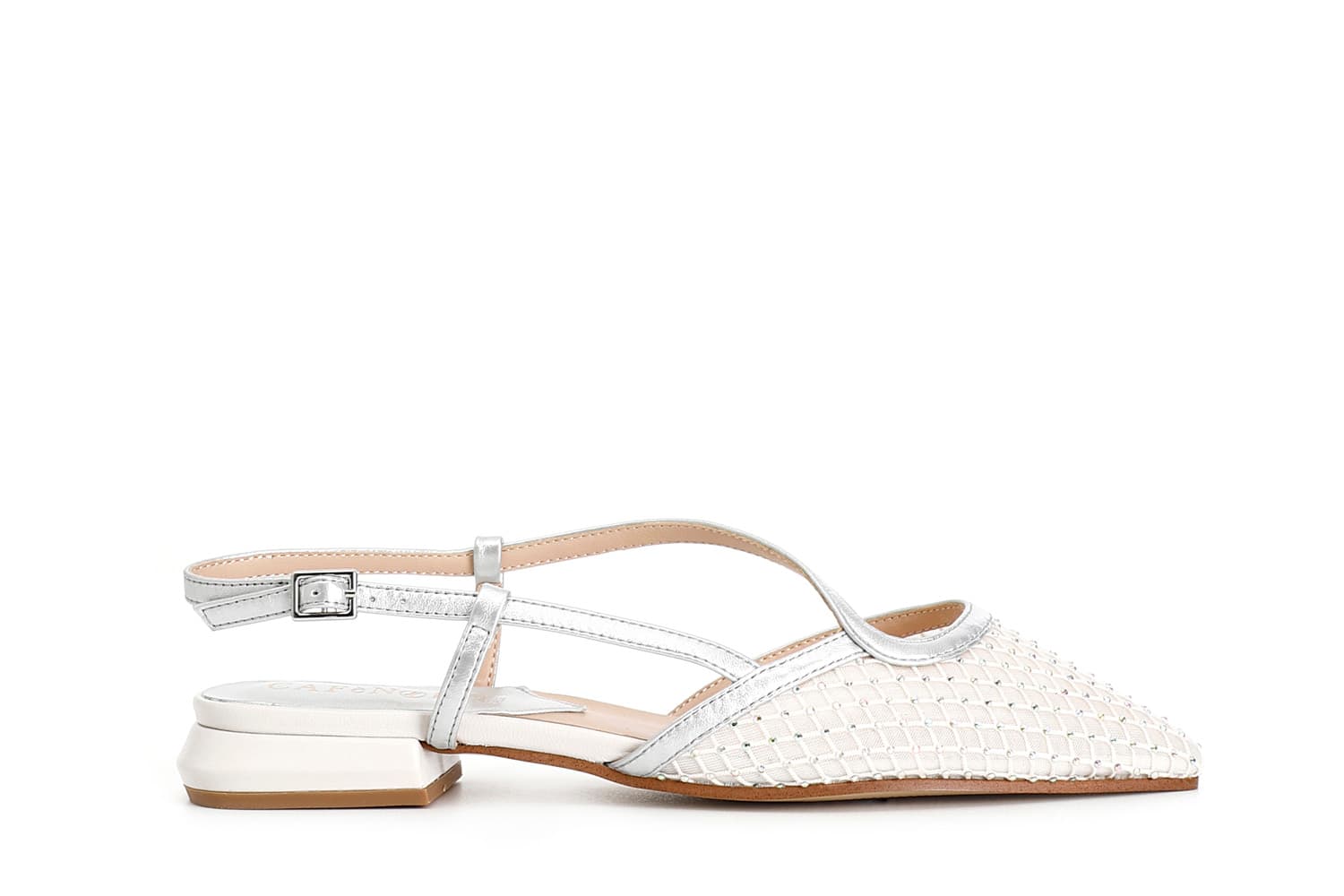 CafèNoir — Ballerine aperte dietro con retina e strass bianco/argento