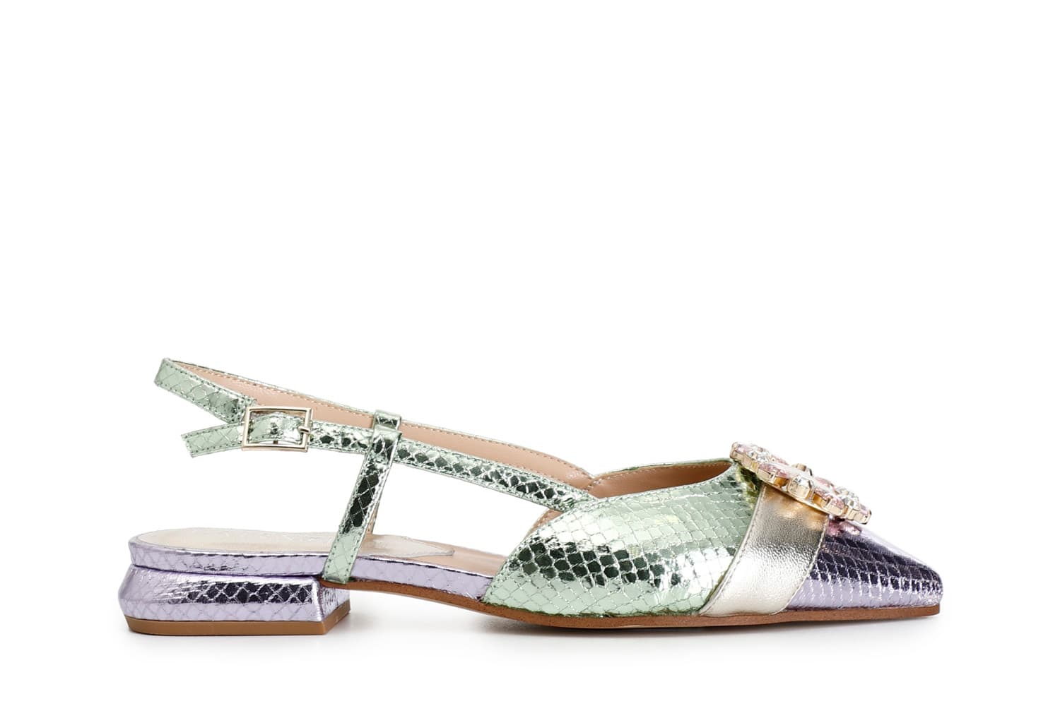 Ballerine aperte dietro in stampa laminata effetto viperina con fibbia in strass multi verde — vista 3