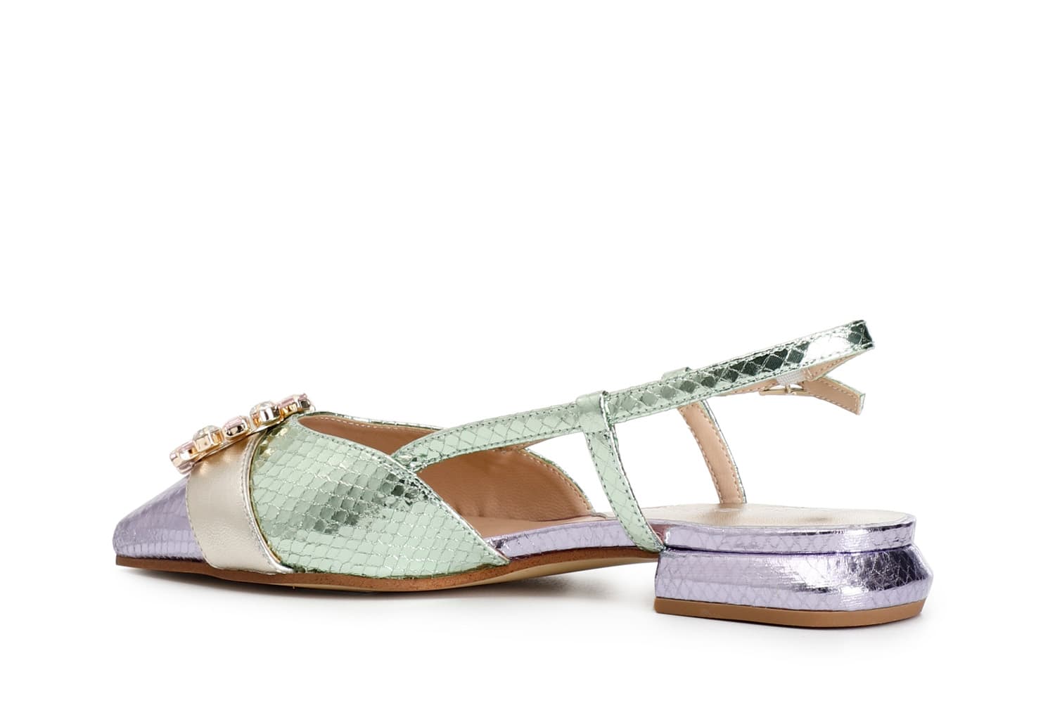 Ballerine aperte dietro in stampa laminata effetto viperina con fibbia in strass multi verde — vista 4