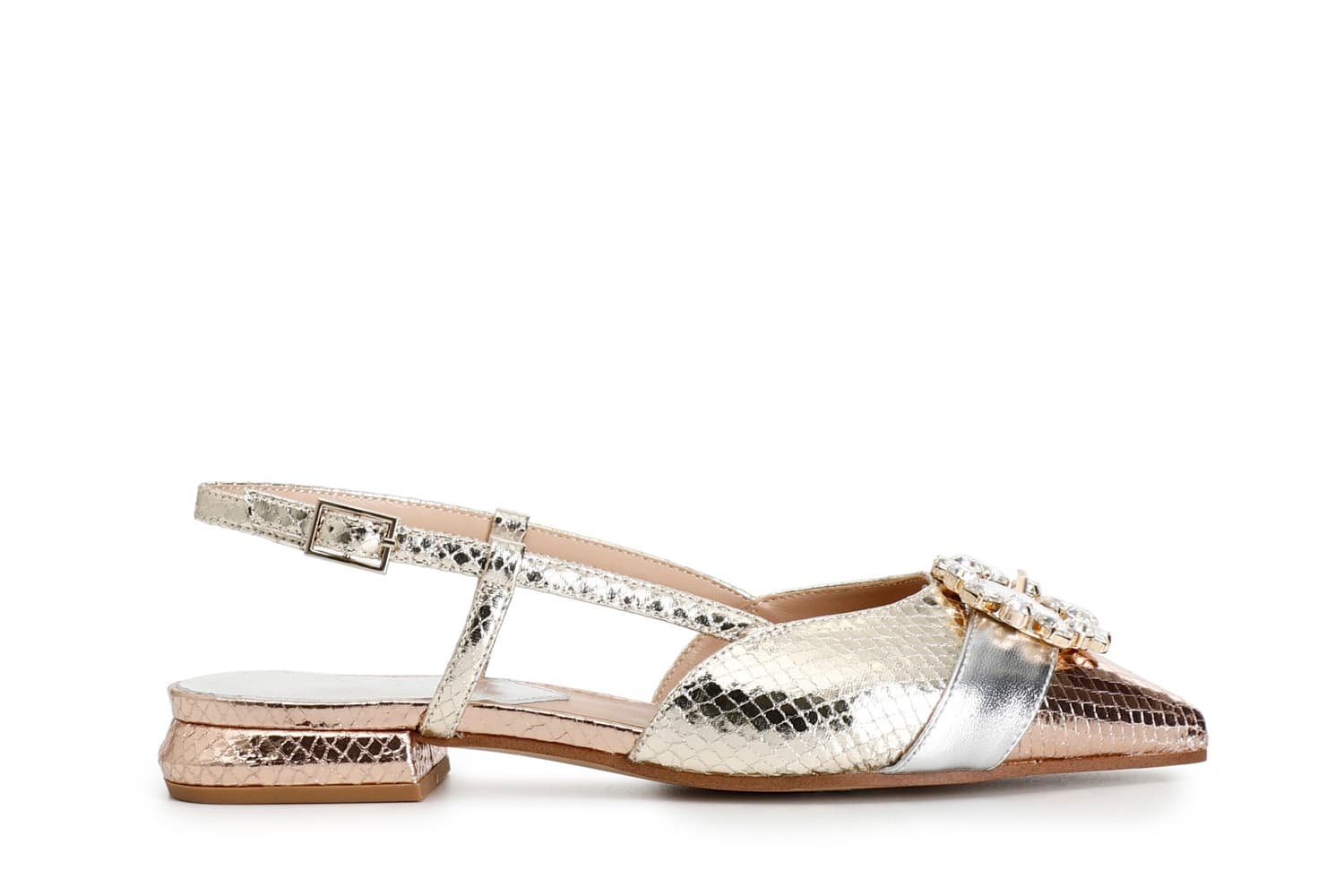 CafèNoir — Ballerine aperte dietro in stampa laminata effetto viperina con fibbia in strass multi platino