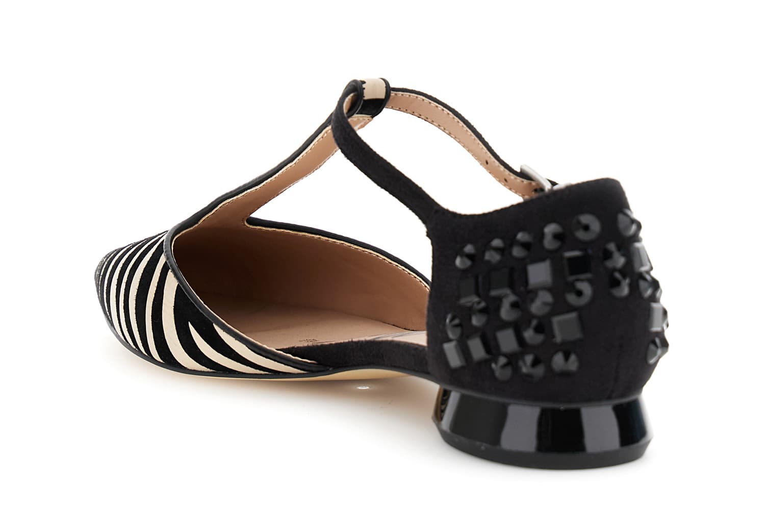 Ballerine a "t" in camoscio con stampa zebrata e multistrass nero beige — vista 2