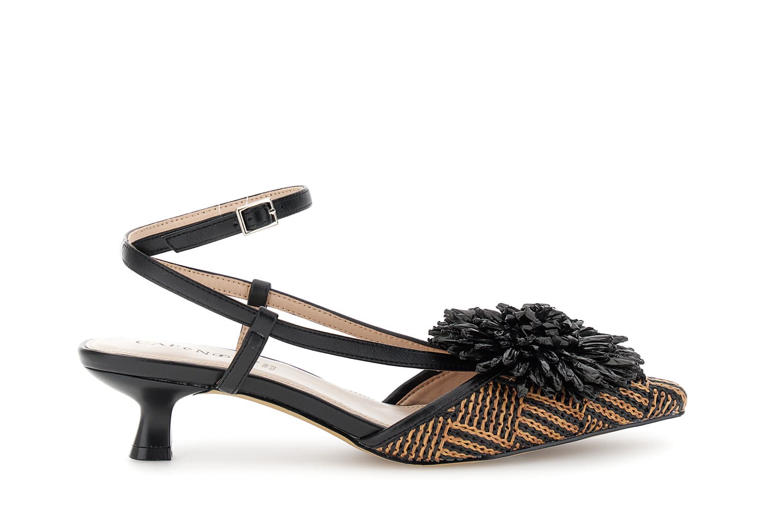 CafèNoir — Slingback effetto raffia e accessorio fiore nero/cuoio