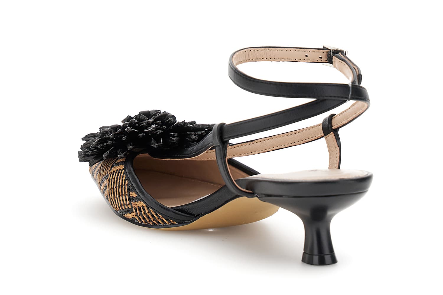 Slingback effetto raffia e accessorio fiore nero/cuoio — vista 2