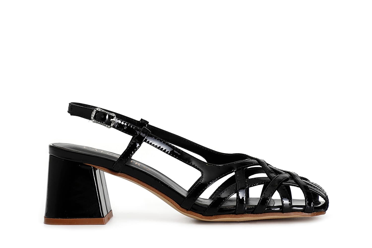 CafèNoir — Scarpe aperte in vernice con gabbia asimmetrica intrecciata nero