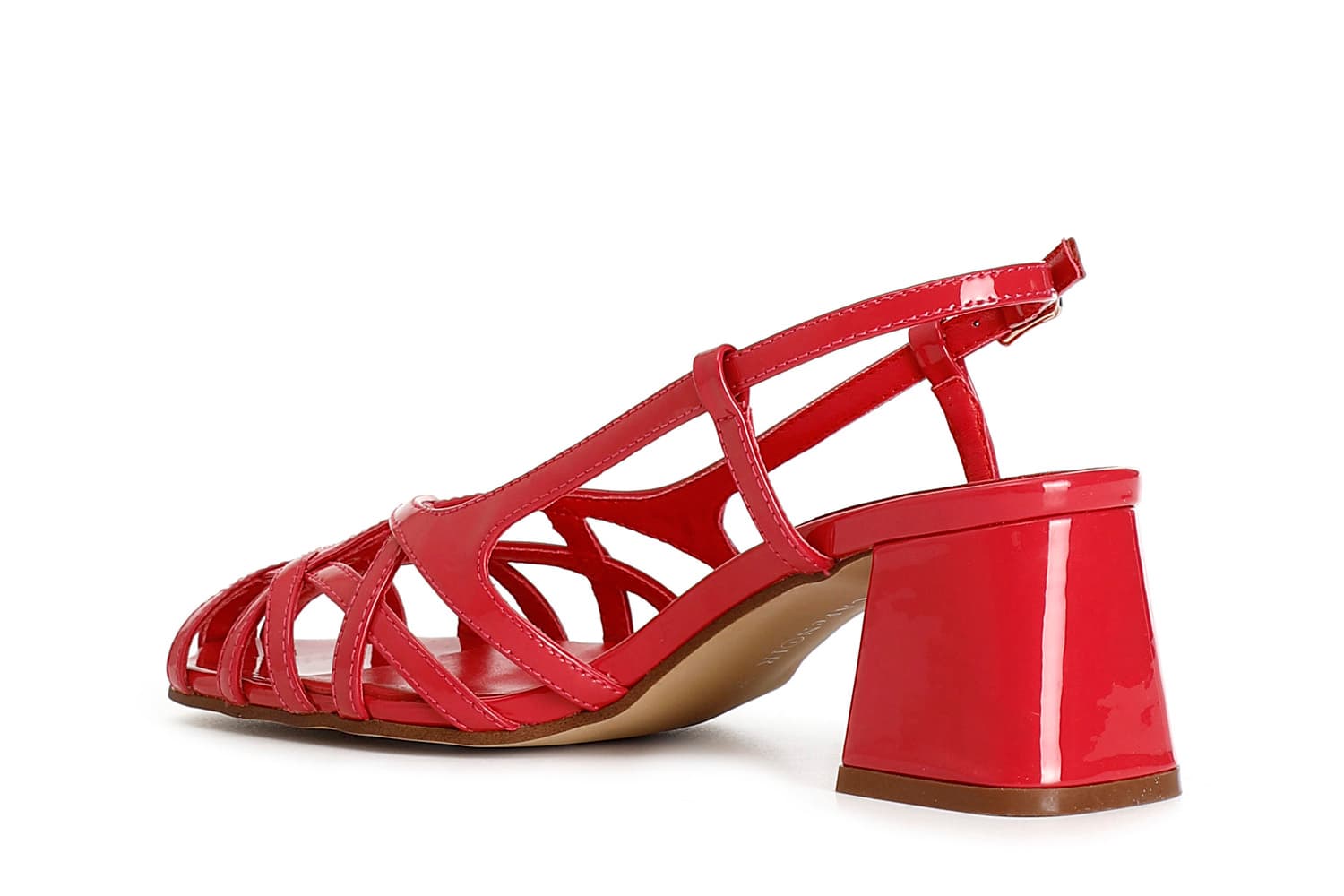 Scarpe aperte in vernice con gabbia asimmetrica intrecciata fuxia — vista 2