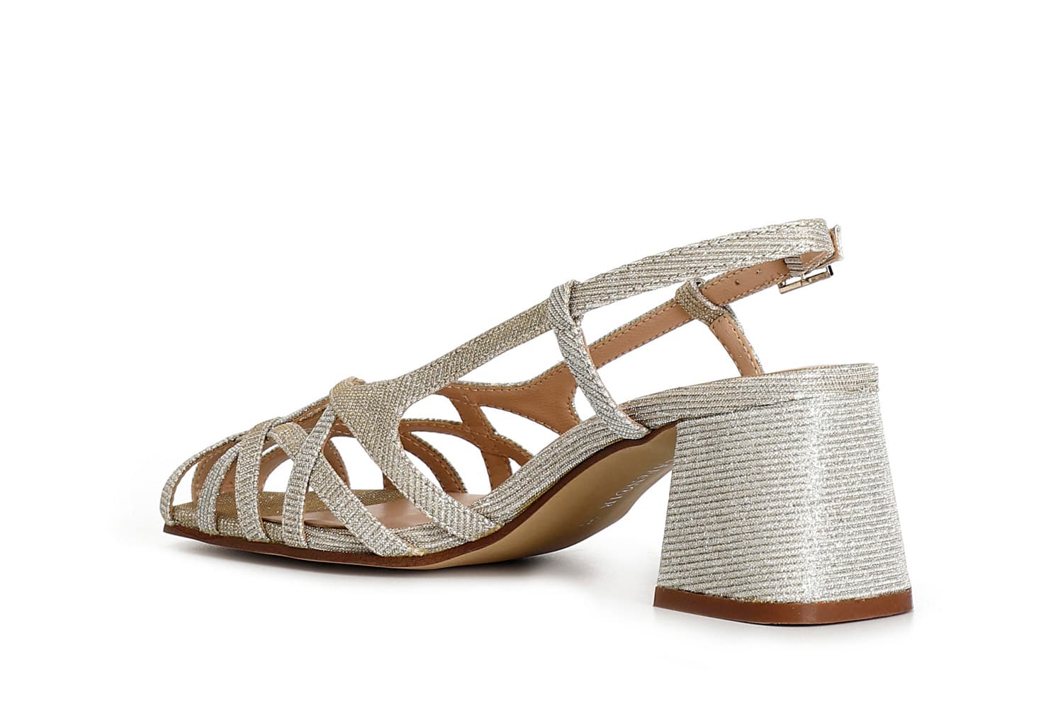Scarpe aperte in tessuto lurex con gabbia asimmetrica intrecciata platino — vista 2