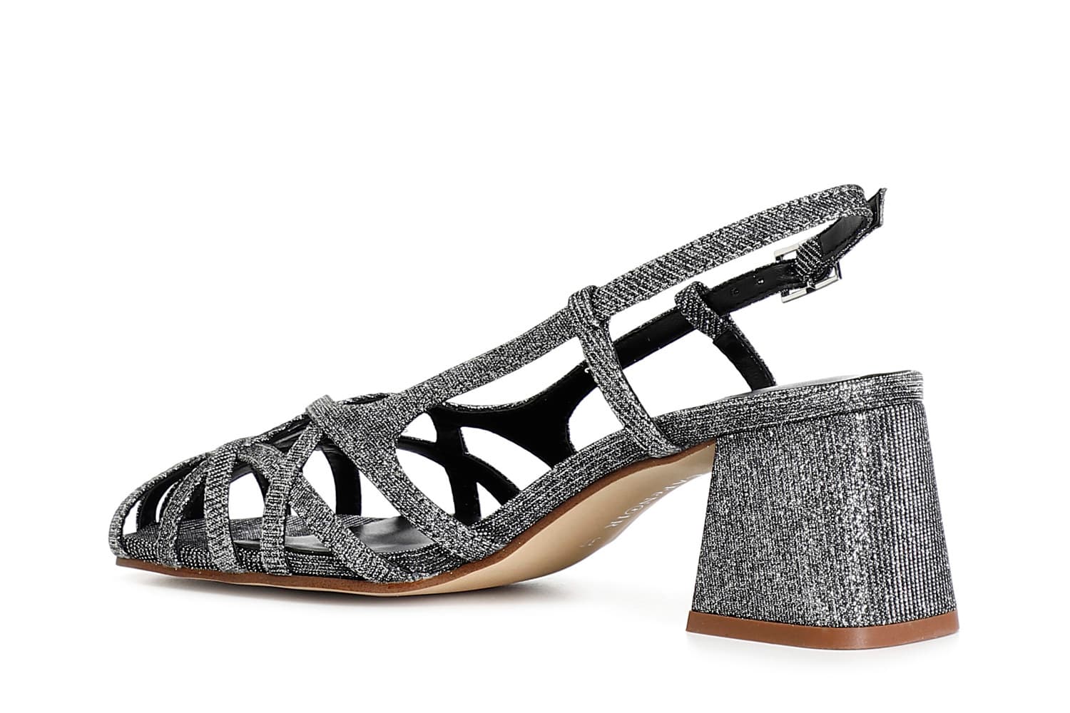 Scarpe aperte in tessuto lurex con gabbia asimmetrica intrecciata antracite — vista 2