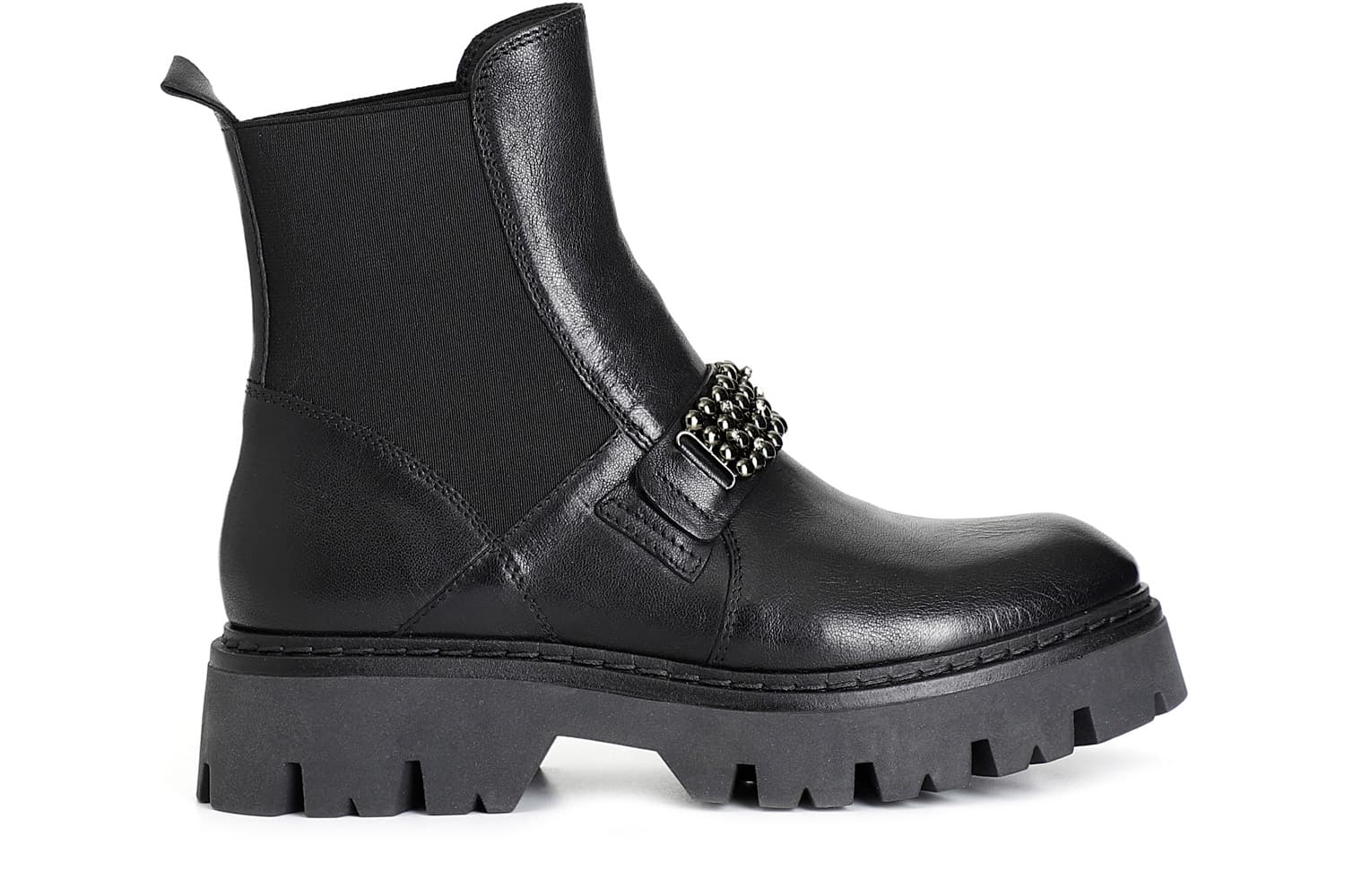 Tronchetto da donna in pelle con elastico e accessorio nero — vista 3
