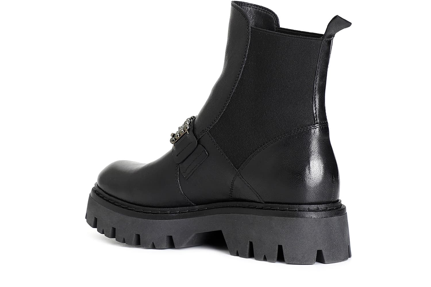 Tronchetto da donna in pelle con elastico e accessorio nero — vista 4