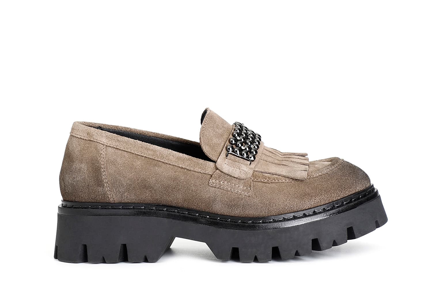 CafèNoir — Mocassino da donna con frangia e accessorio in pelle scamosciata noce
