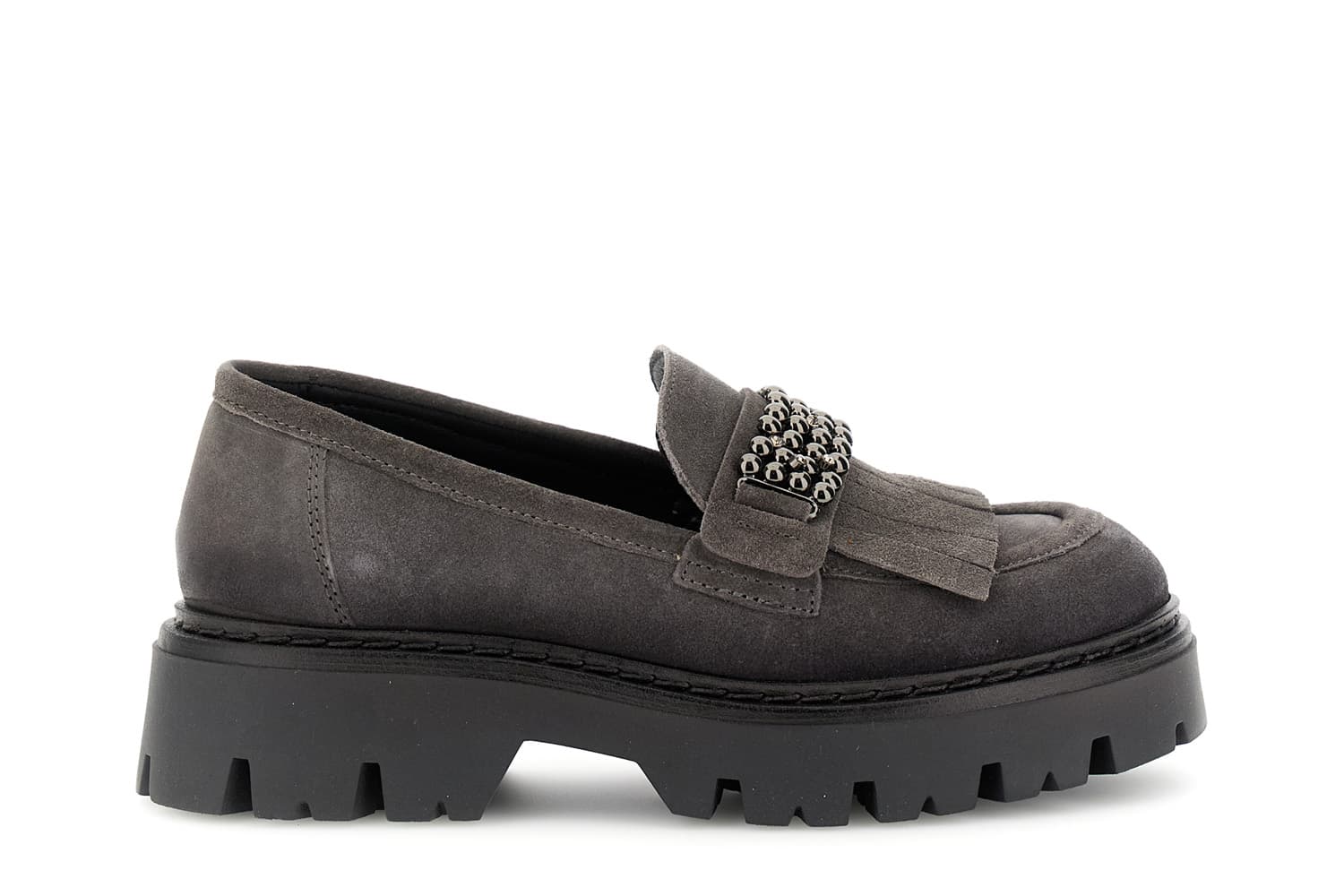 CafèNoir — Mocassino da donna con frangia e accessorio in pelle scamosciata asfalto