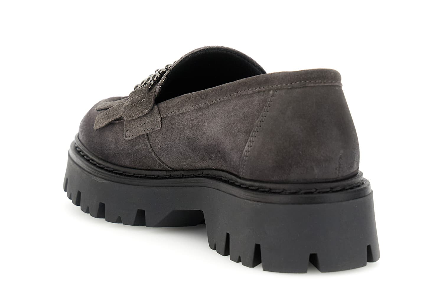 Mocassino da donna con frangia e accessorio in pelle scamosciata asfalto — vista 2