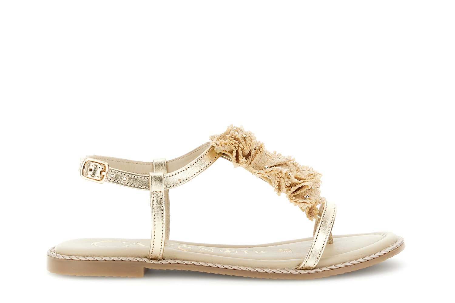 CafèNoir — Sandali infradito in pelle laminata con accessorio rafia platino