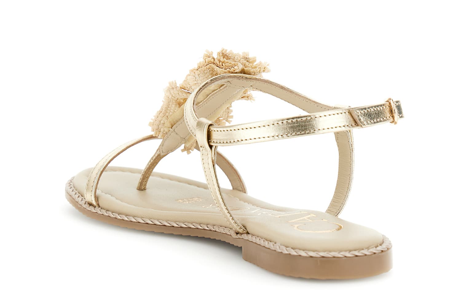 Sandali infradito in pelle laminata con accessorio rafia platino — vista 2
