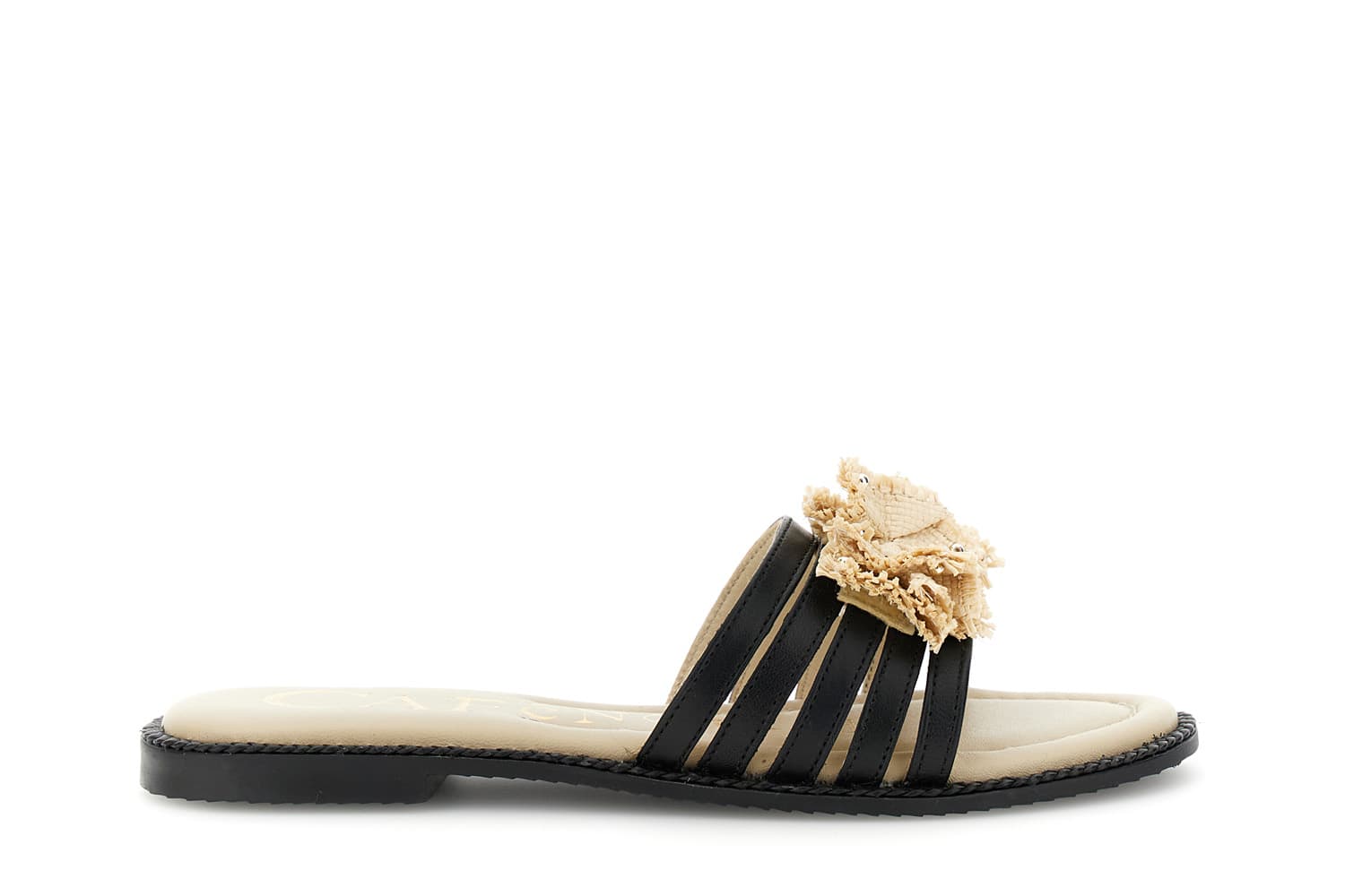 CafèNoir — Sandali modello ciabatta listini in pelle con accessorio rafia nero