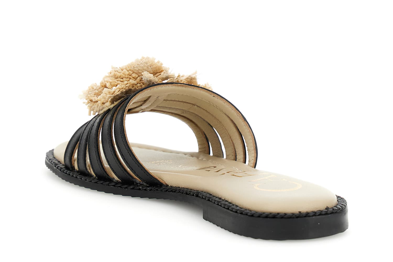 Sandali modello ciabatta listini in pelle con accessorio rafia nero — vista 2