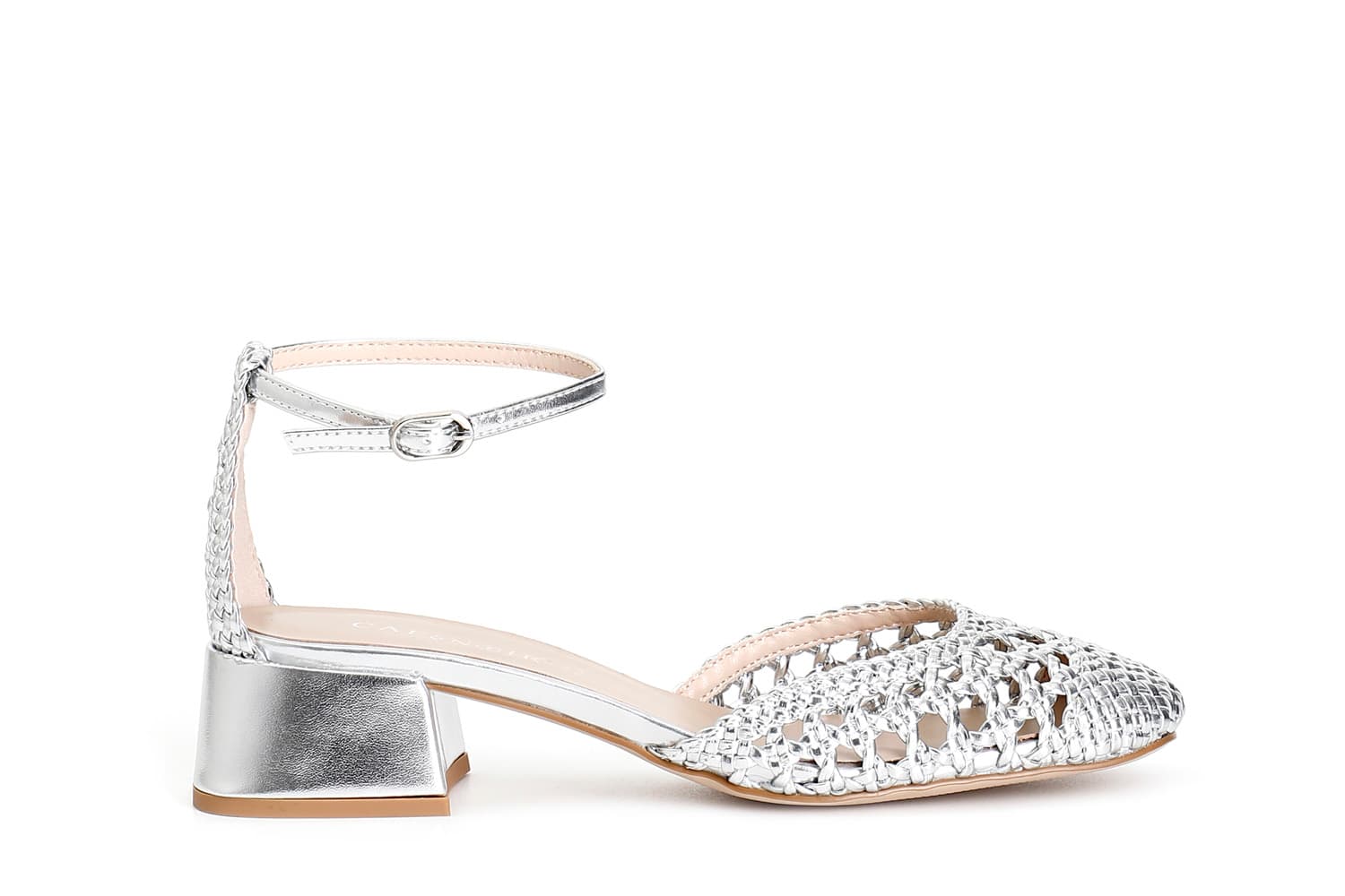 CafèNoir — Décolleté open shank in laminato intrecciato con laccio alla caviglia argento