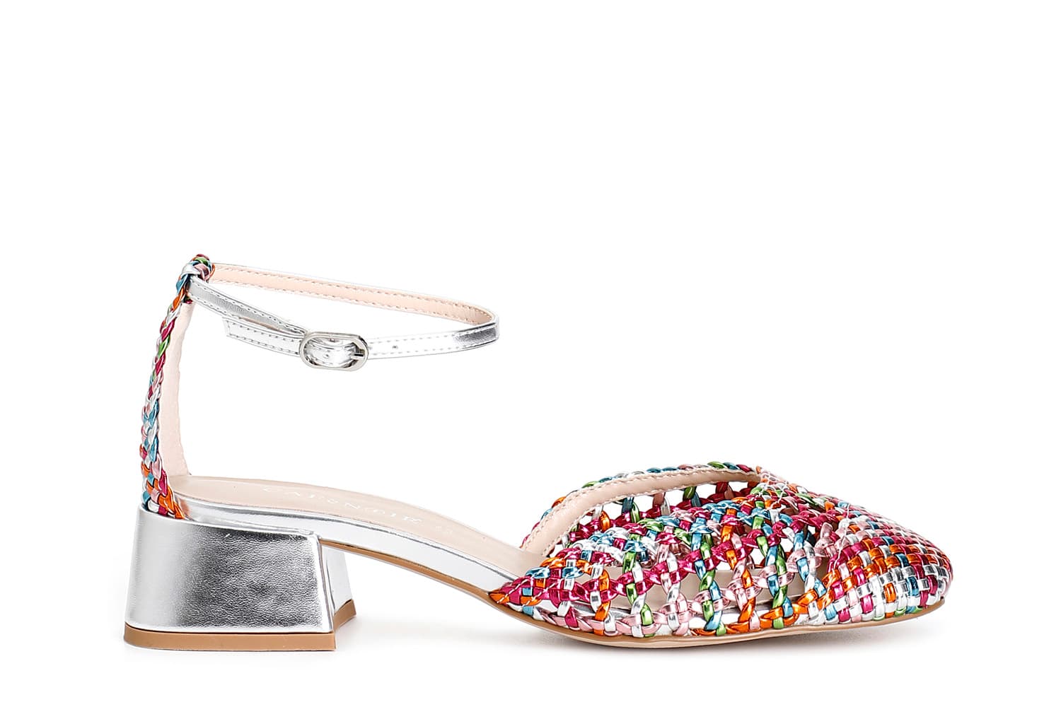 CafèNoir — Décolleté open shank in laminato intrecciato con laccio alla caviglia multicolor