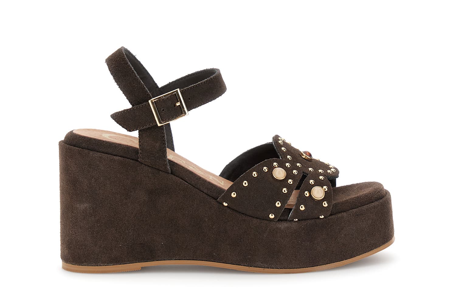 Sandali gilda in camoscio su zeppa con borchie e cabochon t.moro — vista 3