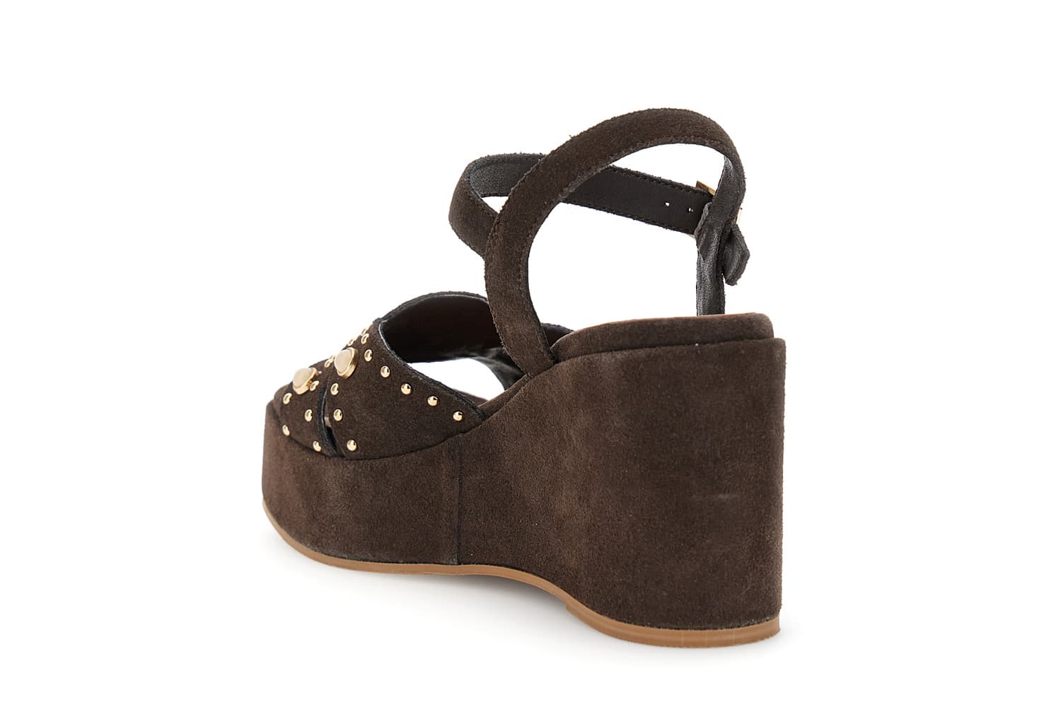 Sandali gilda in camoscio su zeppa con borchie e cabochon t.moro — vista 2