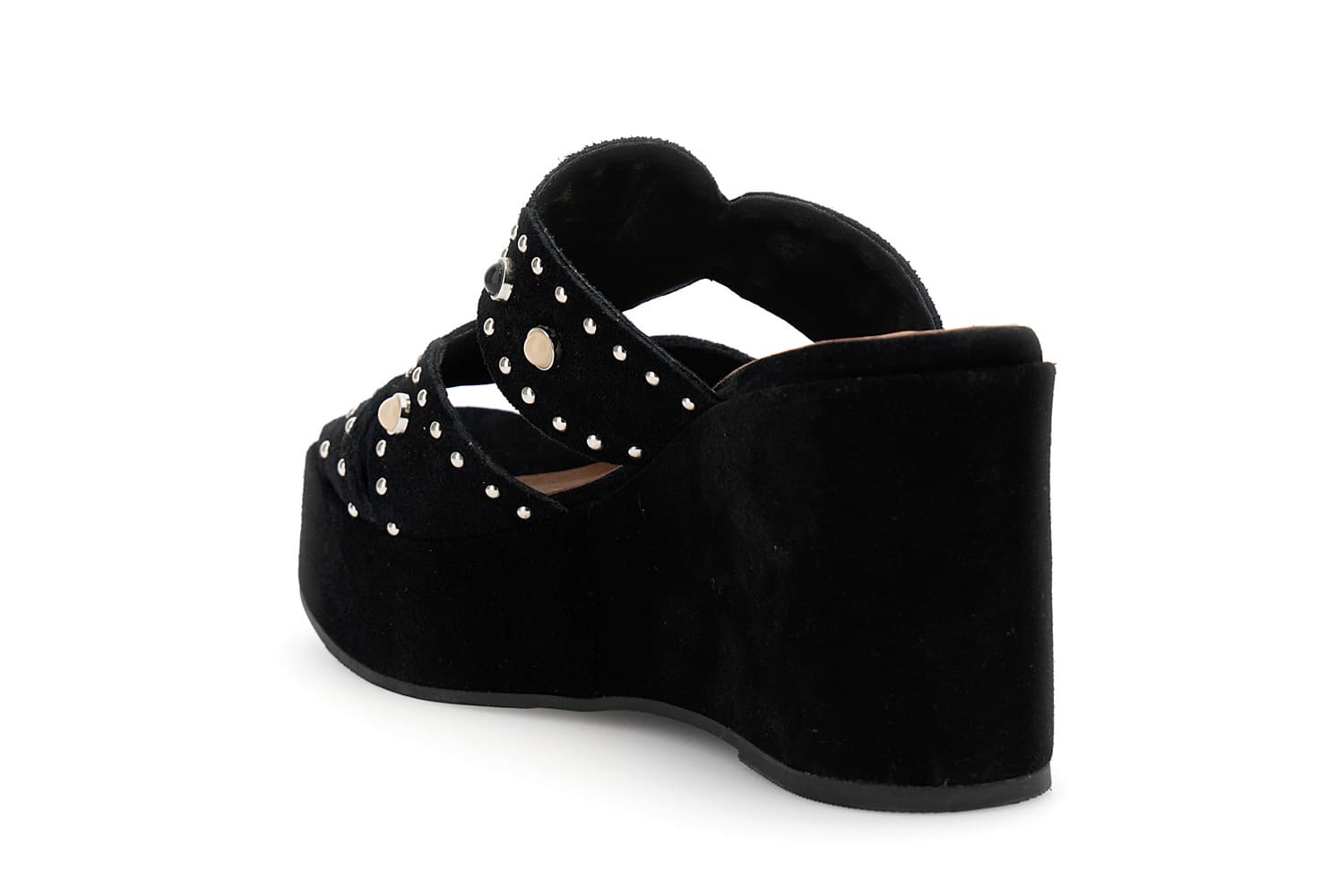 Sandali ciabatta in camoscio su zeppa con borchie e cabochon nero — vista 2