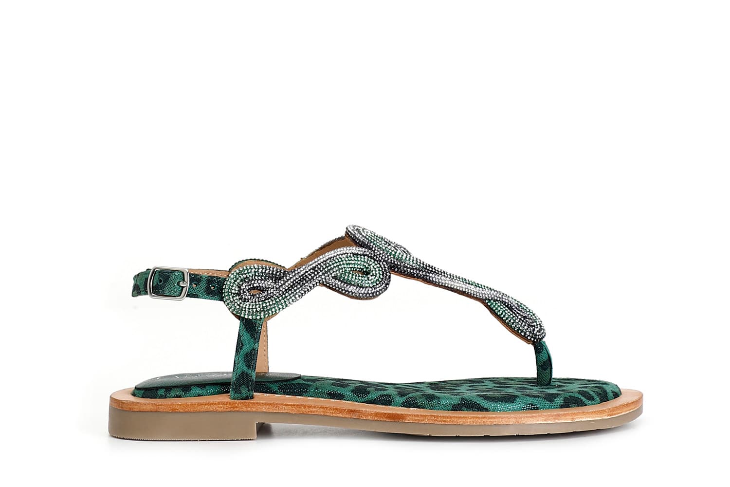 Sandali infradito in camoscio e stampa maculata con accessorio strass multi verde — vista 3