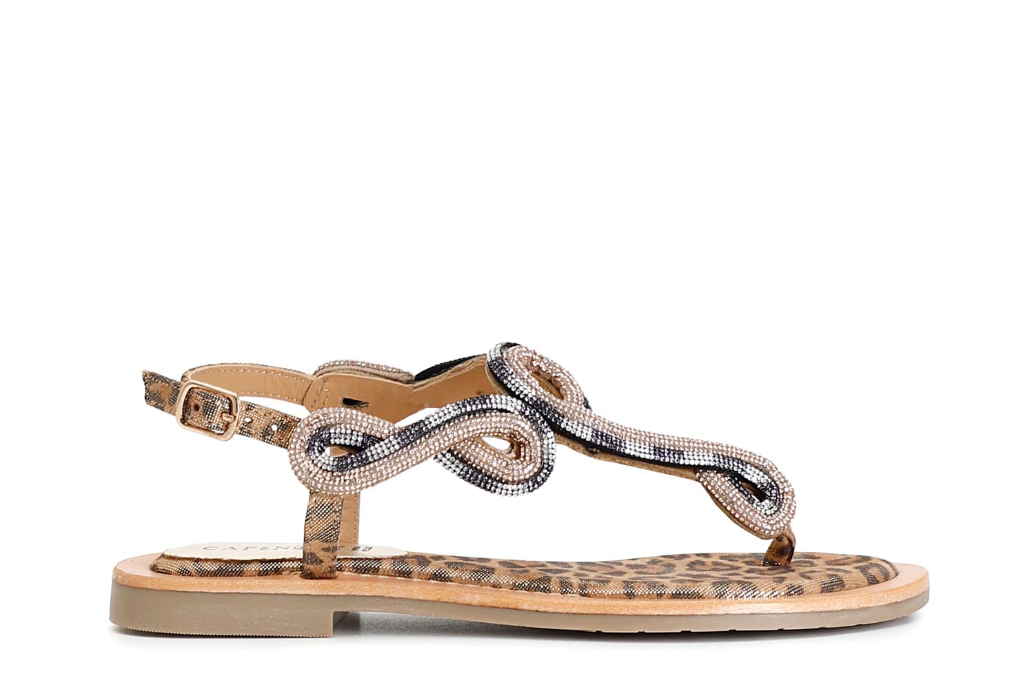 CafèNoir — Sandali infradito in camoscio e stampa maculata con accessorio strass multi bronzo