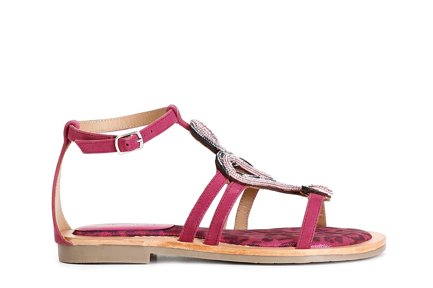 Sandali in camoscio e stampa maculata con accessorio strass multi fuxia — vista 3
