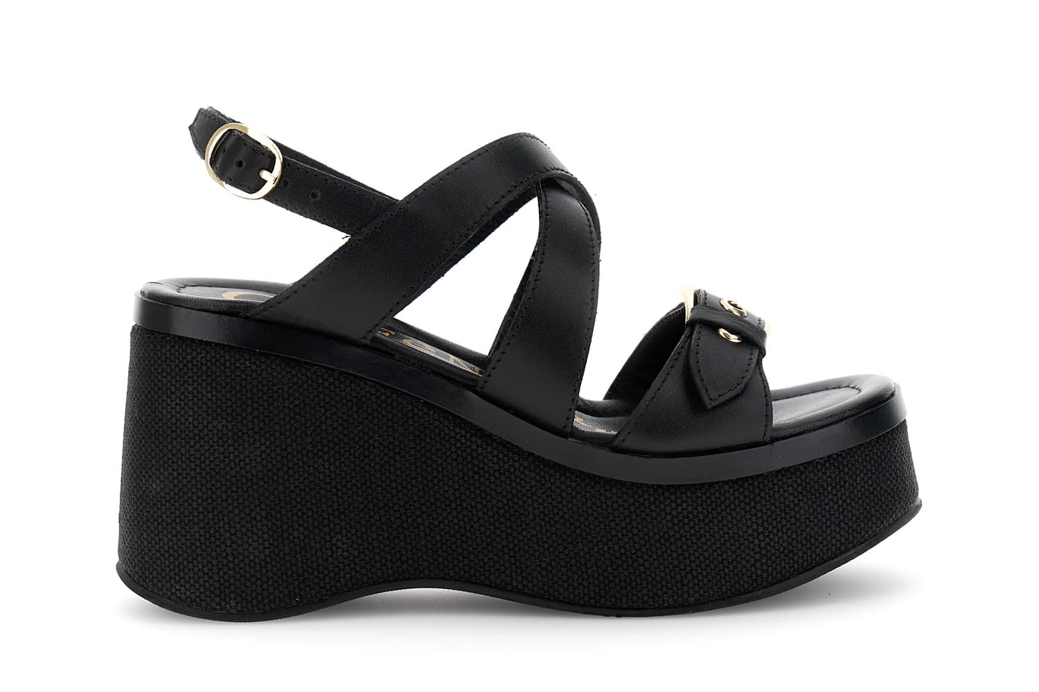CafèNoir — Sandali in pelle incrocio fibbia su zeppa nero