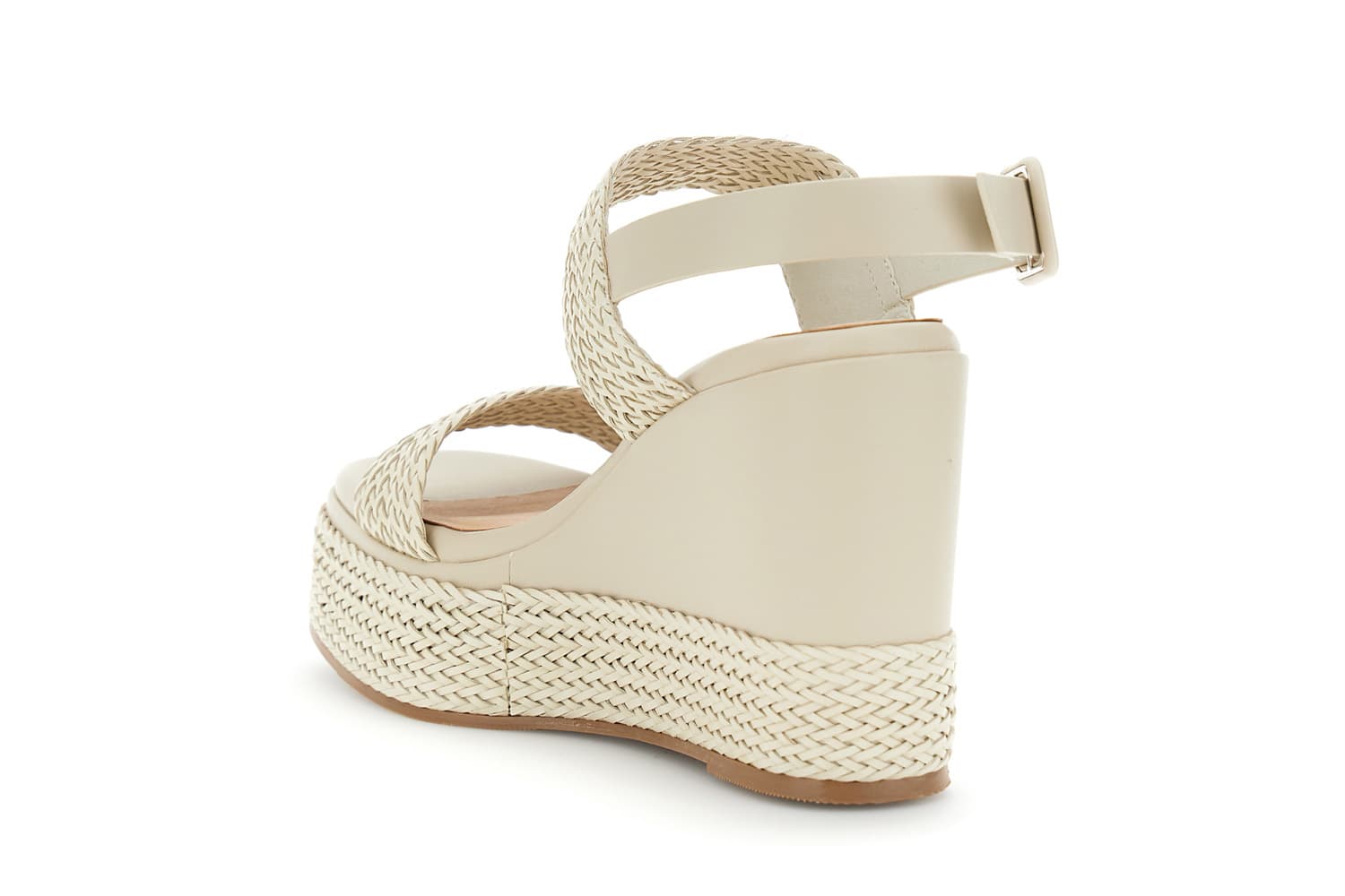 Sandali due fasce su zeppa in sintetico effetto pelle intrecciata beige — vista 2