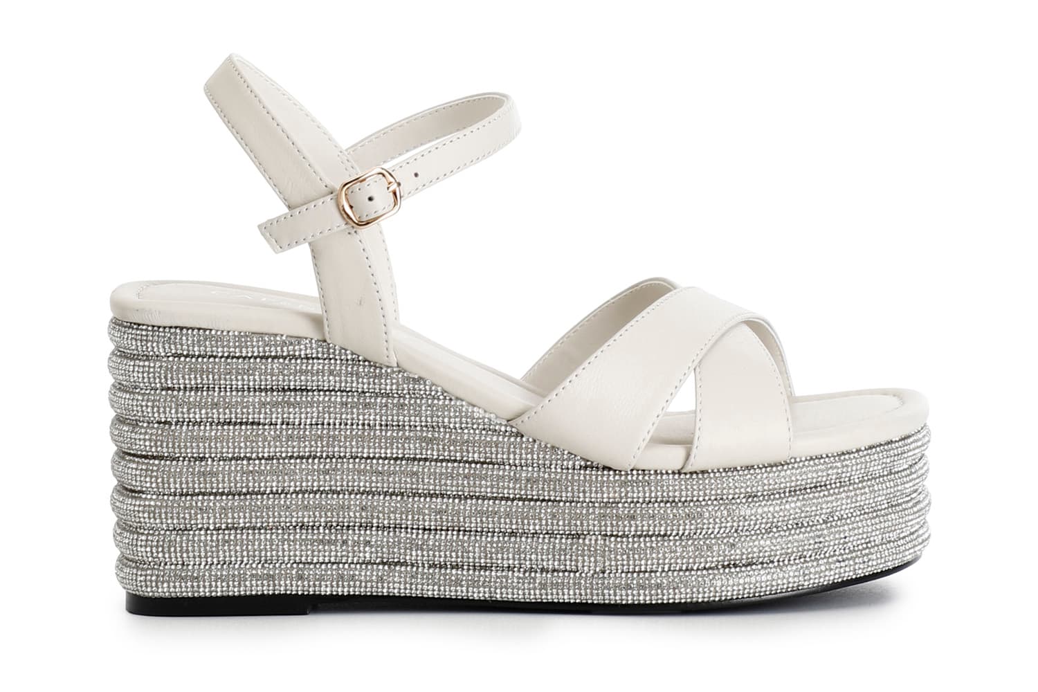 Sandali incrocio in nappa con zeppa strass panna — vista 3