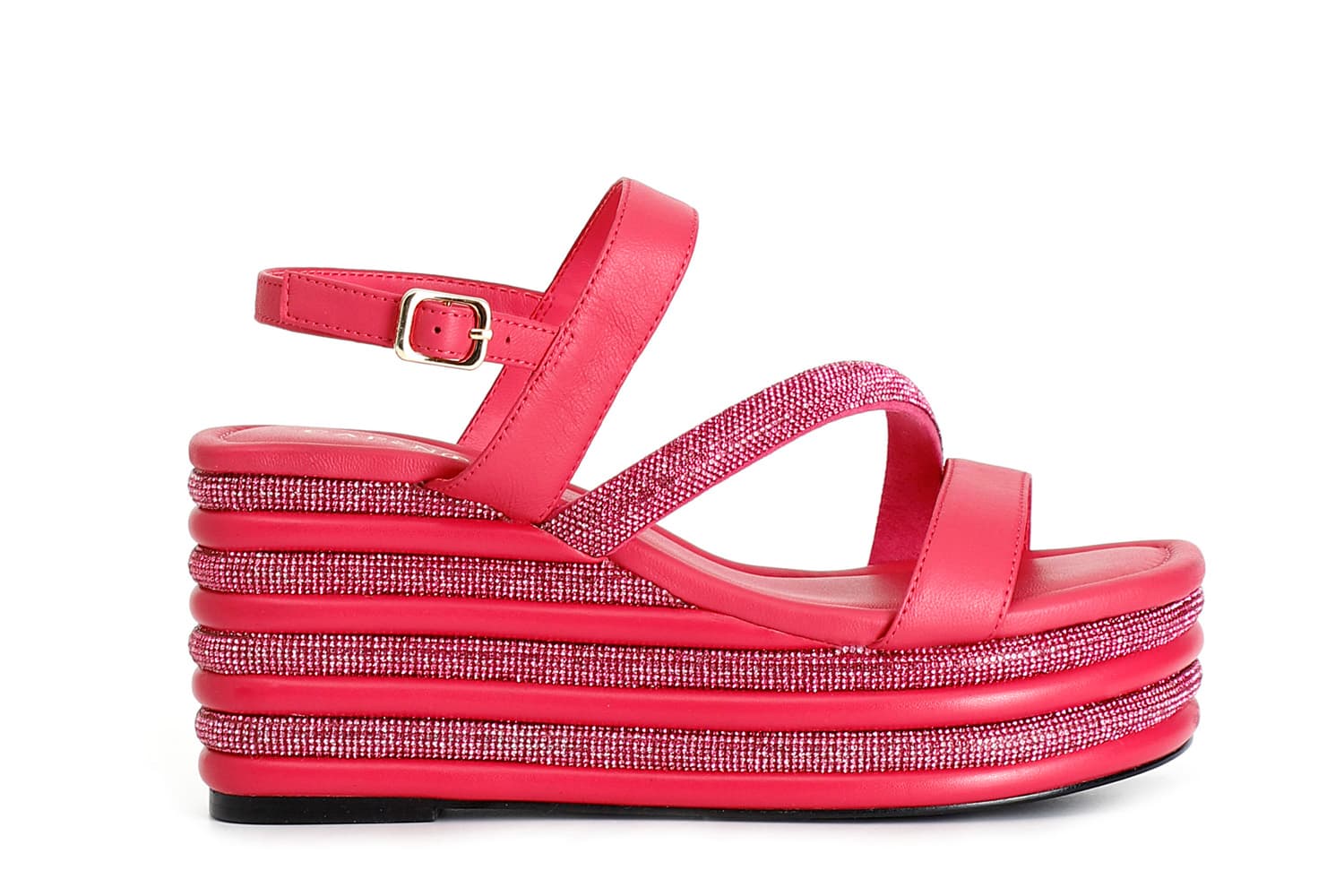 CafèNoir — Sandali asimmetrici strass e nappa con zeppa righe strass fuxia