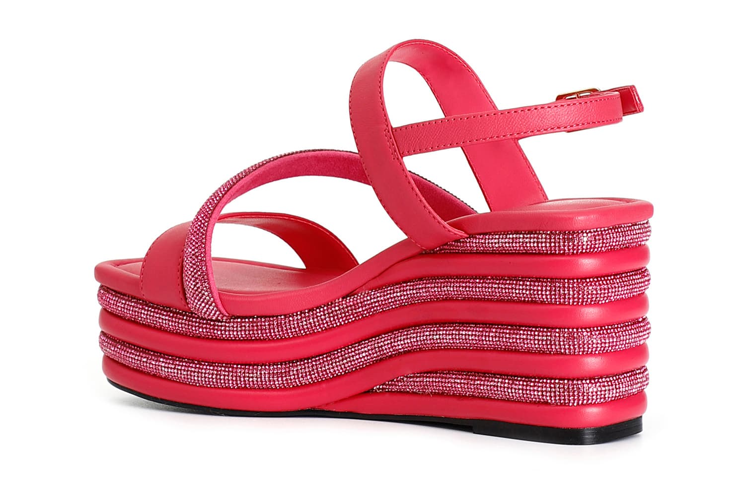 Sandali asimmetrici strass e nappa con zeppa righe strass fuxia — vista 4
