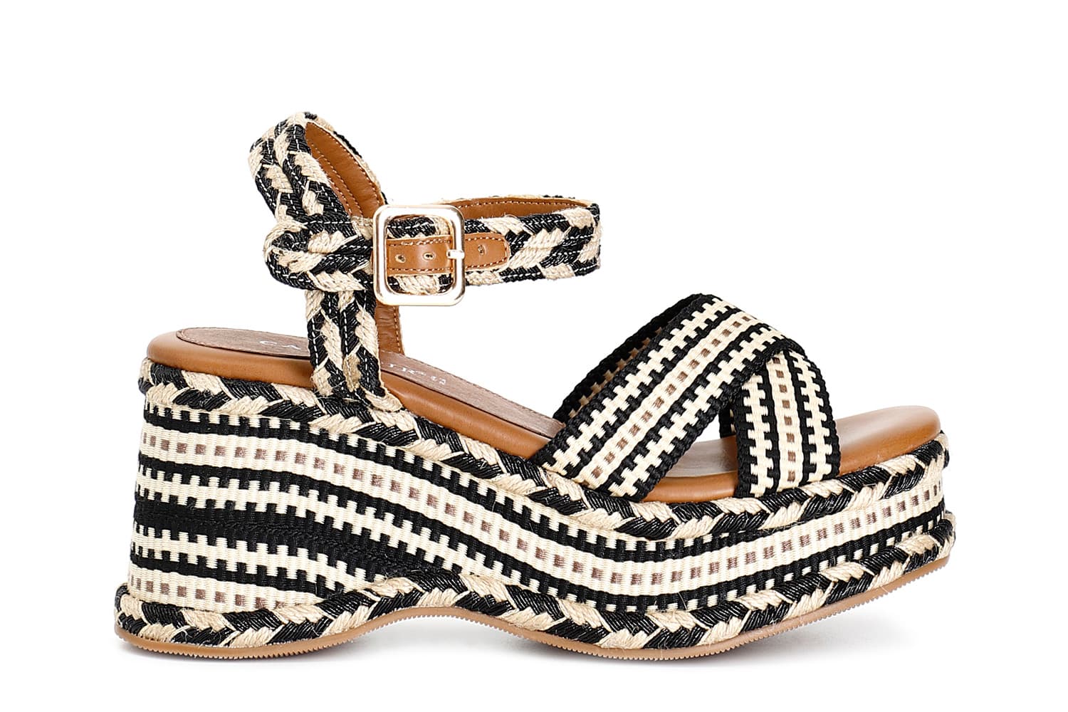 CafèNoir — Sandali zeppa in tessuto nero beige