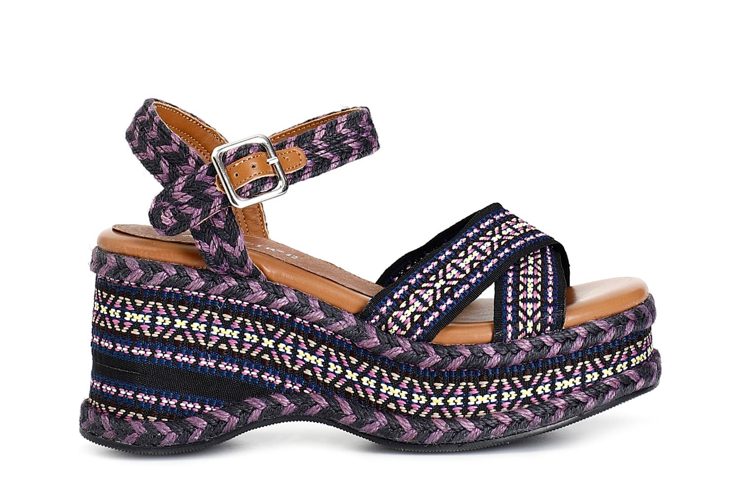 CafèNoir — Sandali zeppa in tessuto nero/rosa