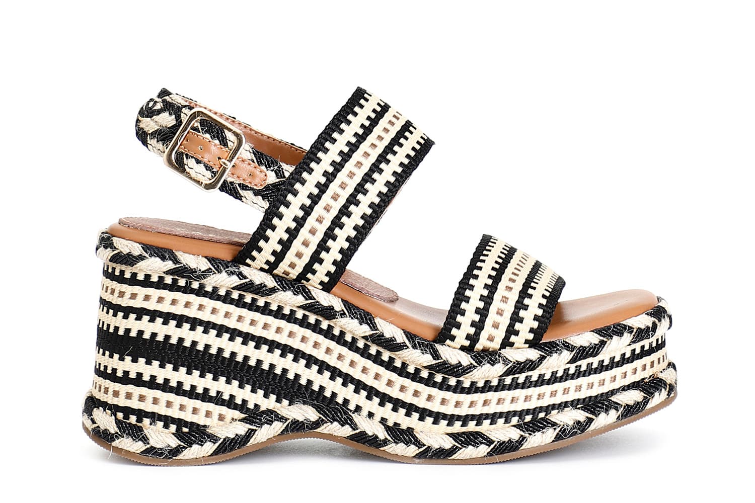 CafèNoir — Sandali zeppa doppia fascia in tessuto nero beige