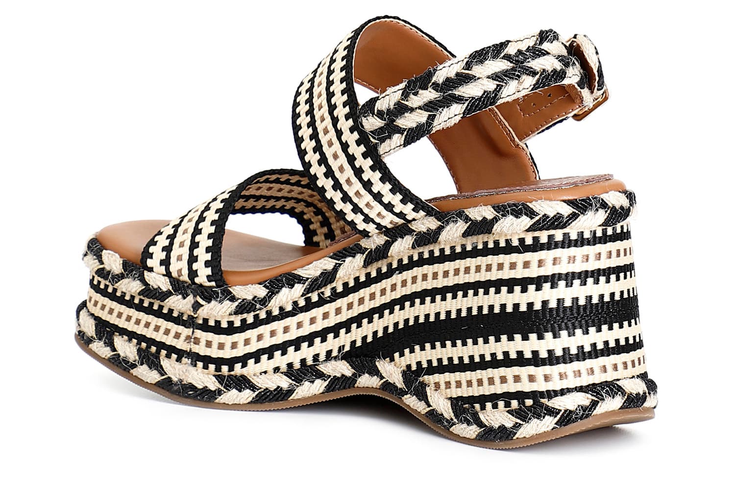 Sandali zeppa doppia fascia in tessuto nero beige — vista 4
