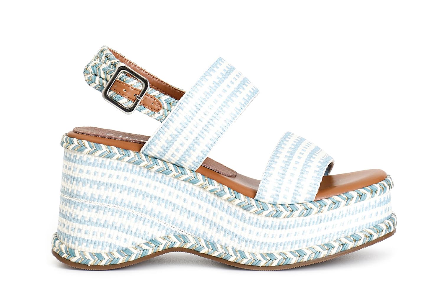 CafèNoir — Sandali zeppa doppia fascia in tessuto bianco/celeste