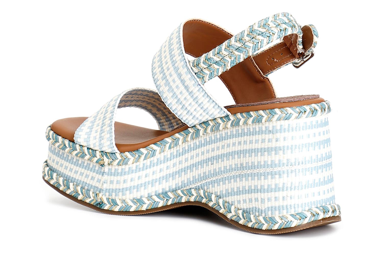 Sandali zeppa doppia fascia in tessuto bianco/celeste — vista 2