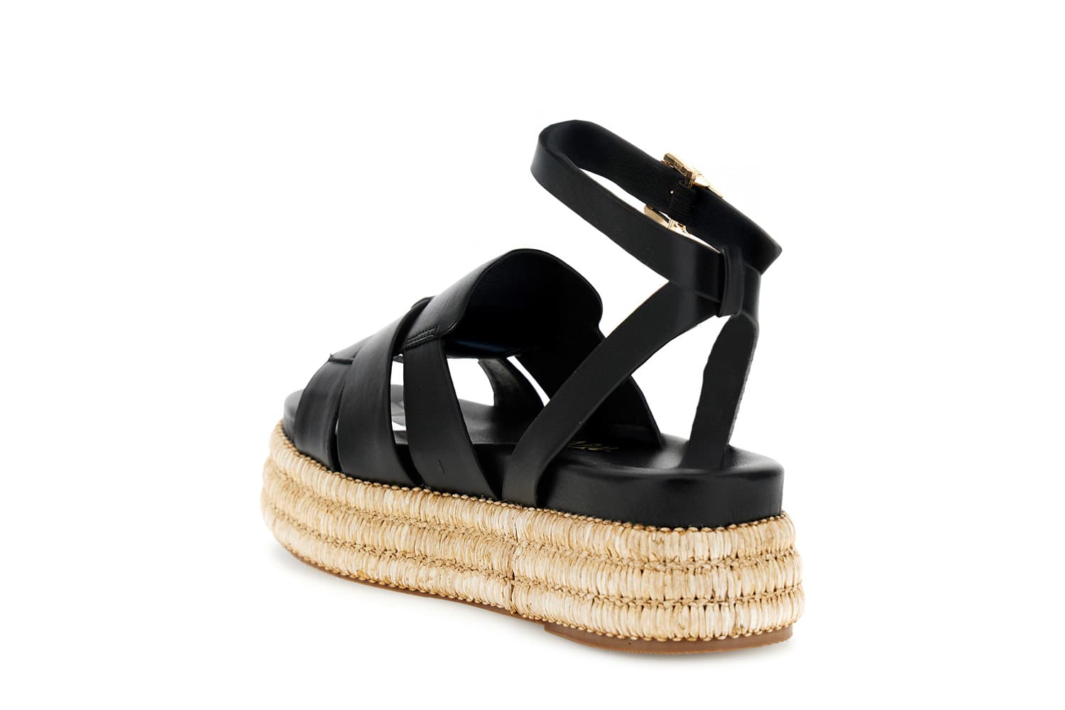 Sandalo in sintetico effetto pelle con zeppa fascia rafia nero — vista 2